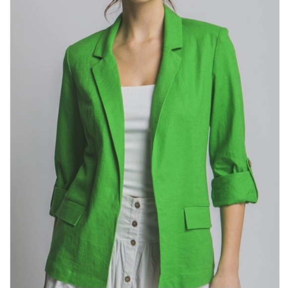 #385 SALE 🛑S,M Boho Linen Open Front Roll Tab Sleeve Blazer - Picture 6 of 16